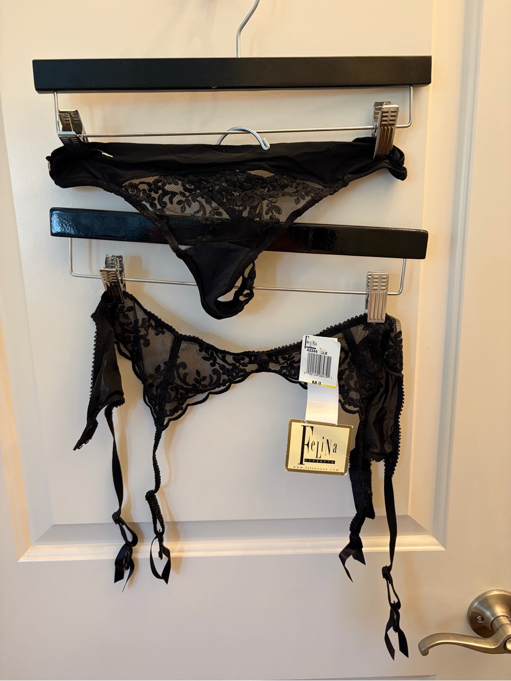 Felina Black Lace Garter Set with Sheer Embroidered Panels